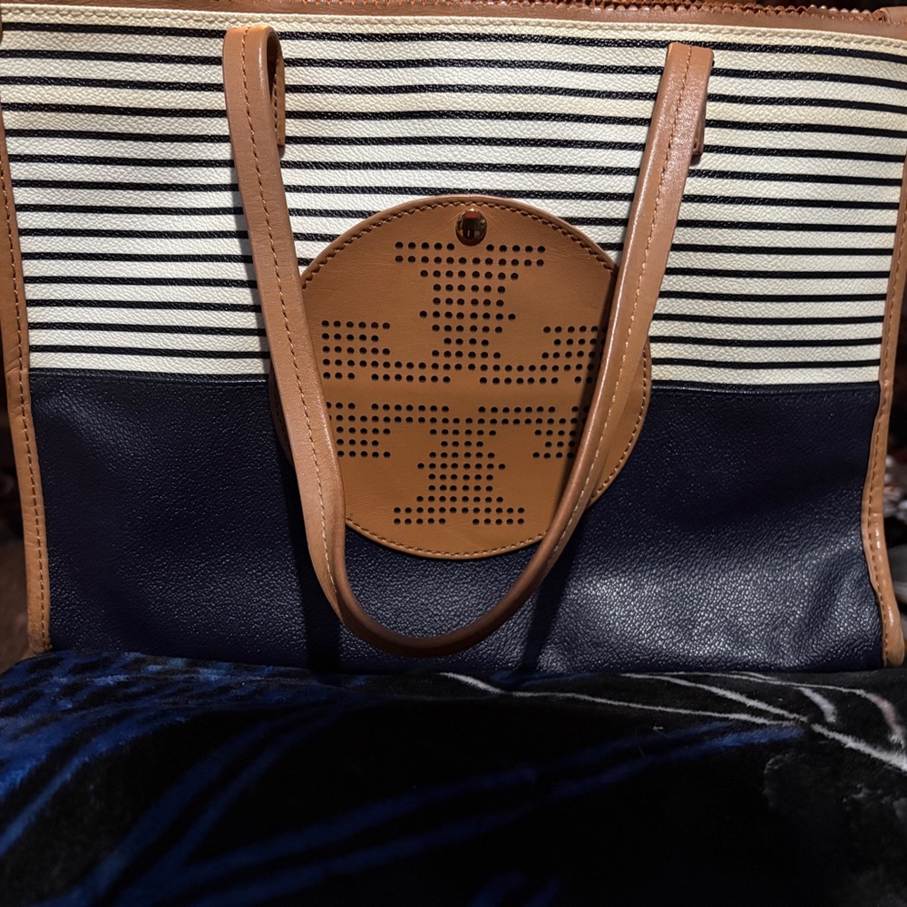 Tory Burch Navy and Tan Tote with Stripes